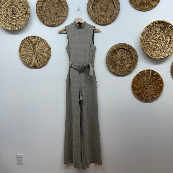 Express Houndstooth Mock Neck Belted Wide Leg Jumpsuit XS Brown Black Neutral - Picture 2 of 8